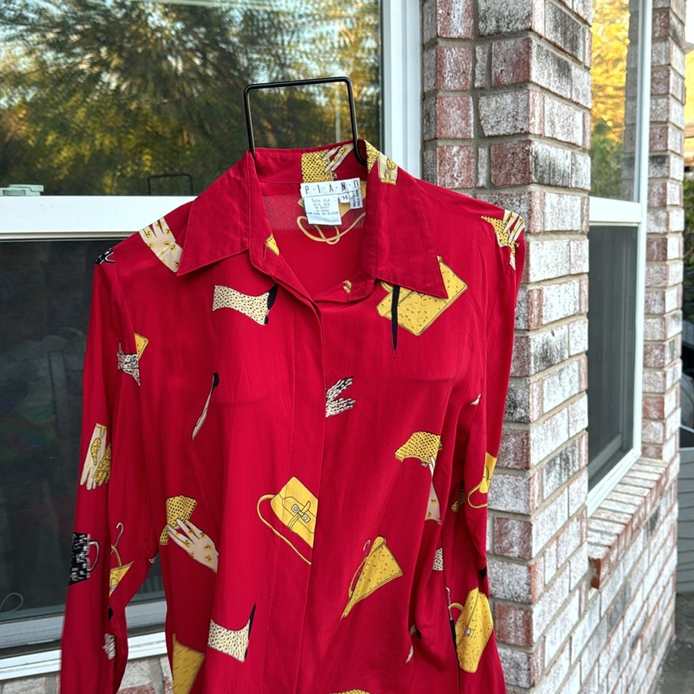 Vintage Red Silk Piano Blouse M Purses Shoes Accessories Theme